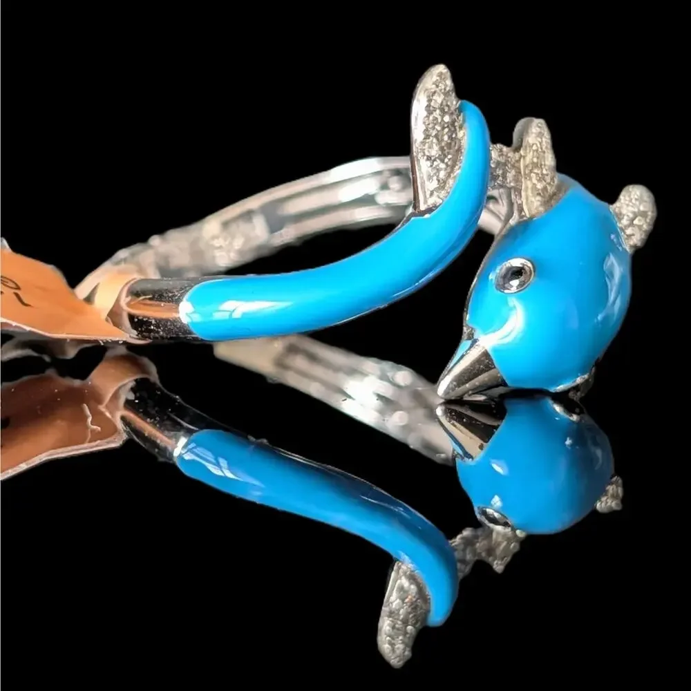 EFFY Dolphin Wrap Ring Diamonds Blue Enamel 14k White Gold New Old Stock